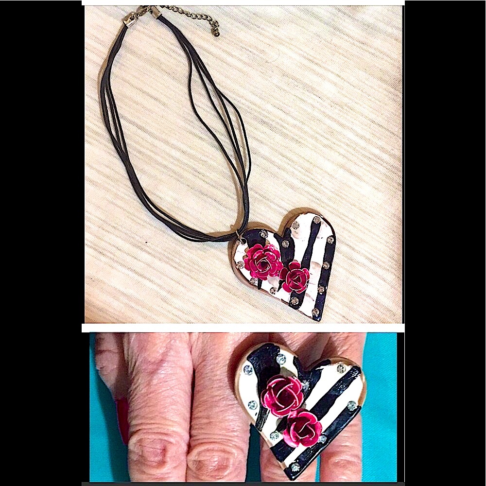 PINK ROSE ZEBRA HEART NECKLACE CHOKER n RING SET